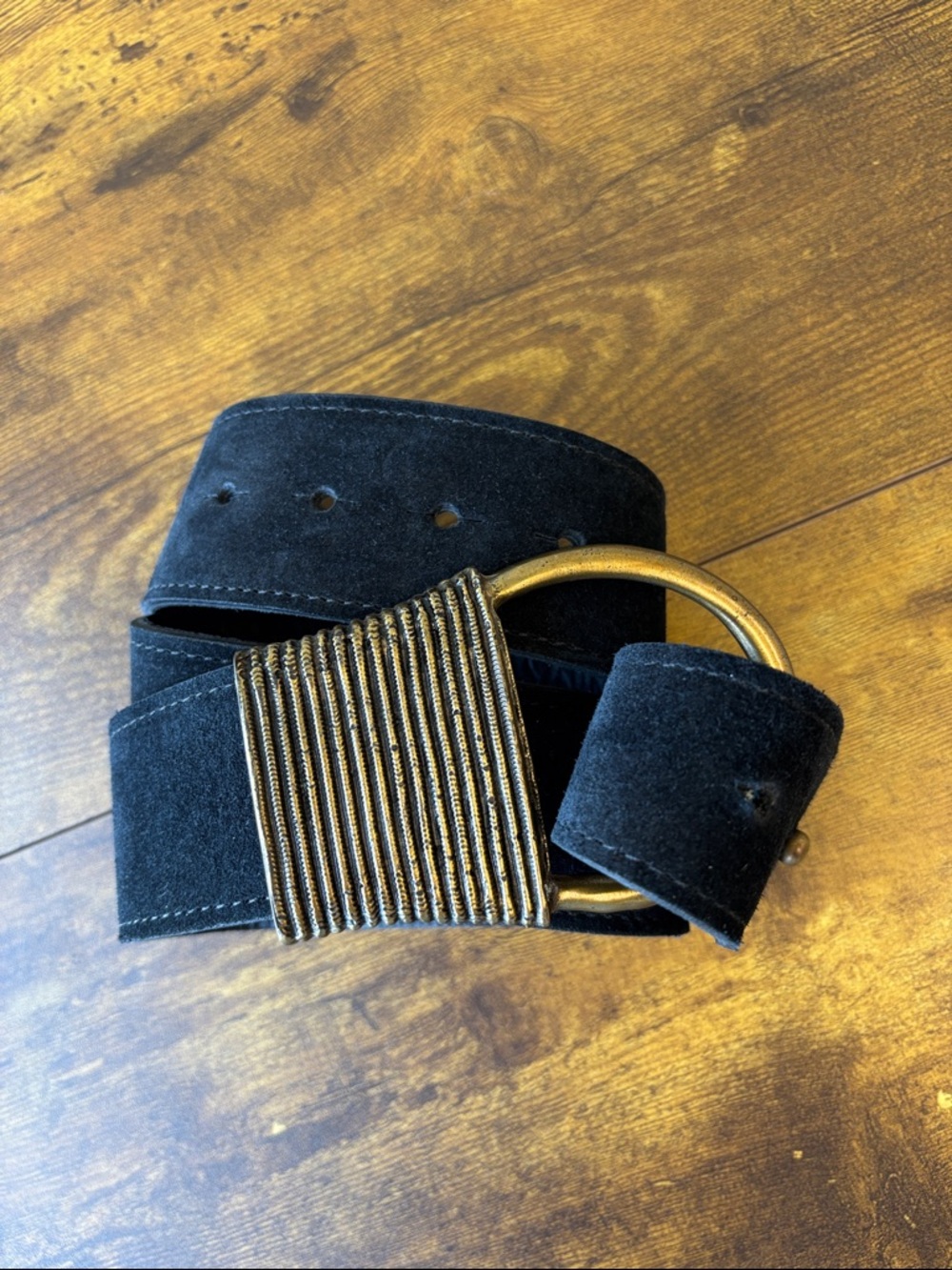 Kim White Black Suede Belt with Antique Gold Buckle